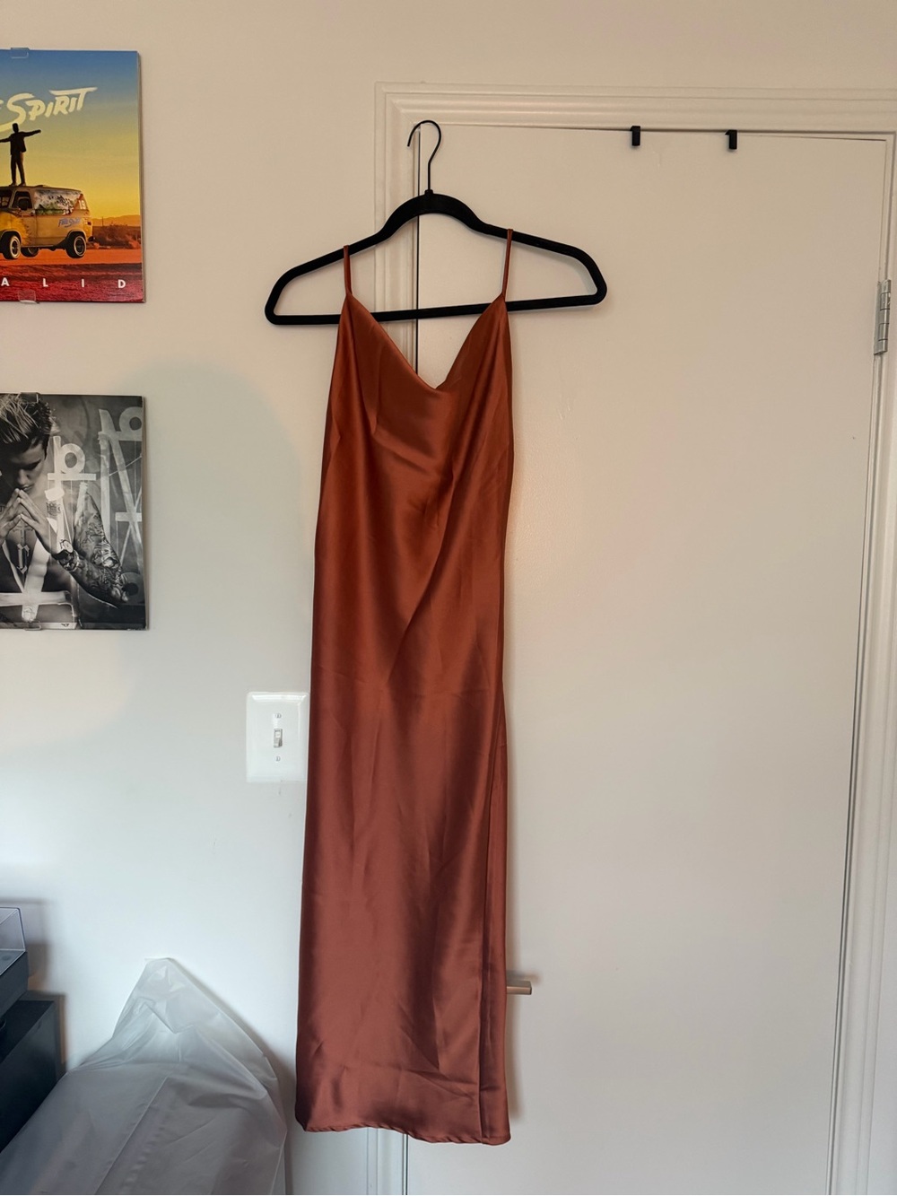 Beginning Boutique Rust Satin Slip Midi Dress